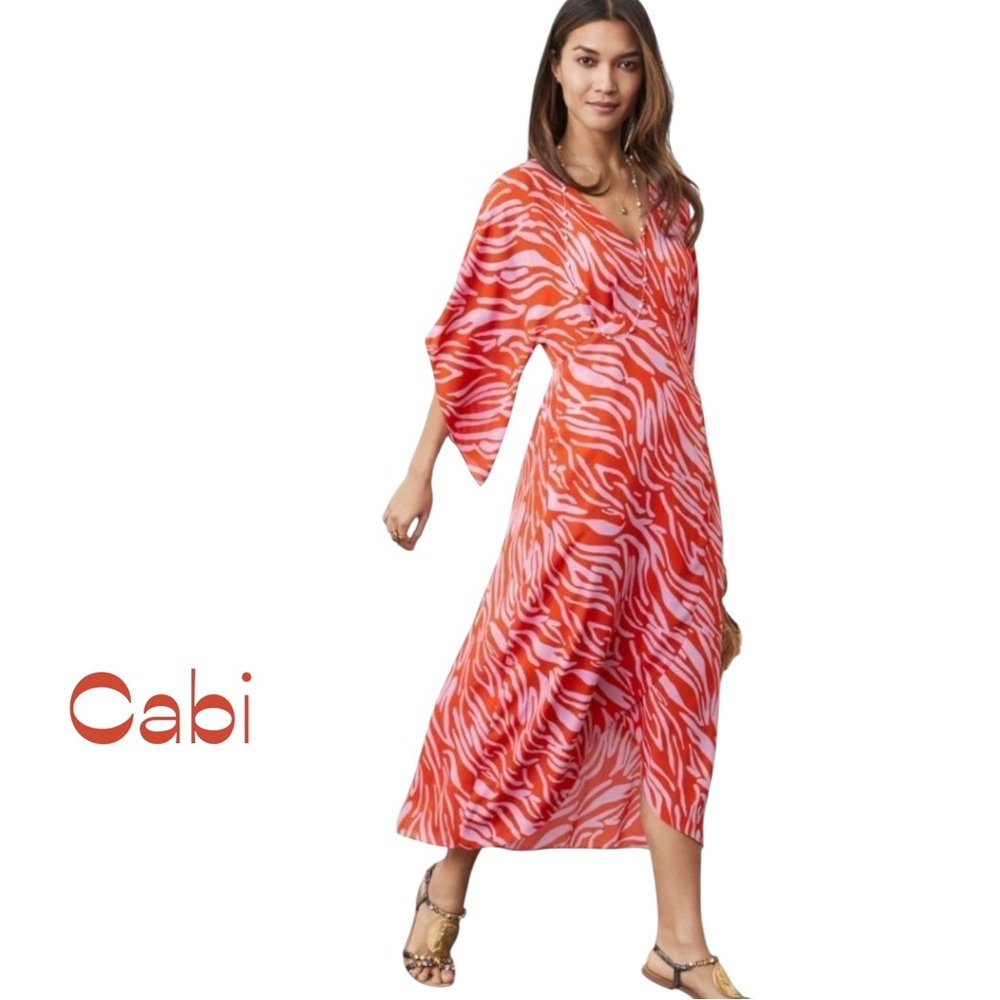 CAbi Sheer Bold Orange Pink Midi Dress NWOT Size S